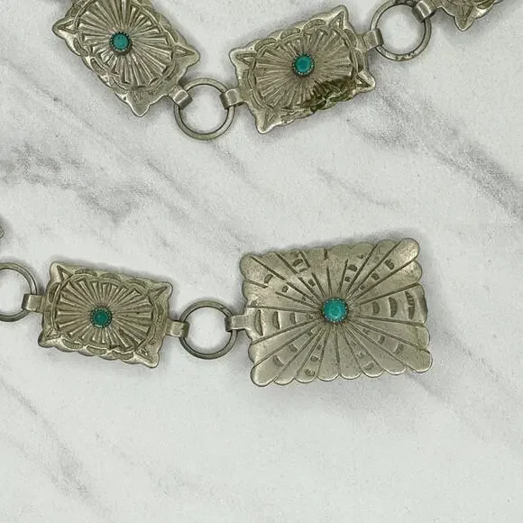 Vintage Faux Turquoise Stamped Concho Chain Belt Silver Tone XS/Small (XS/S) ✨ - Picture 8 of 14